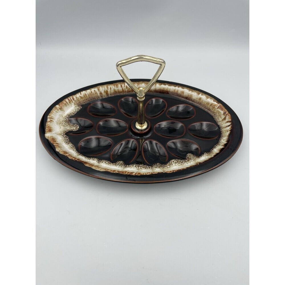 Deviled Egg Plate Tray W/ Handle Brown Drip Glaze Vintage USA Pfaltzgraff